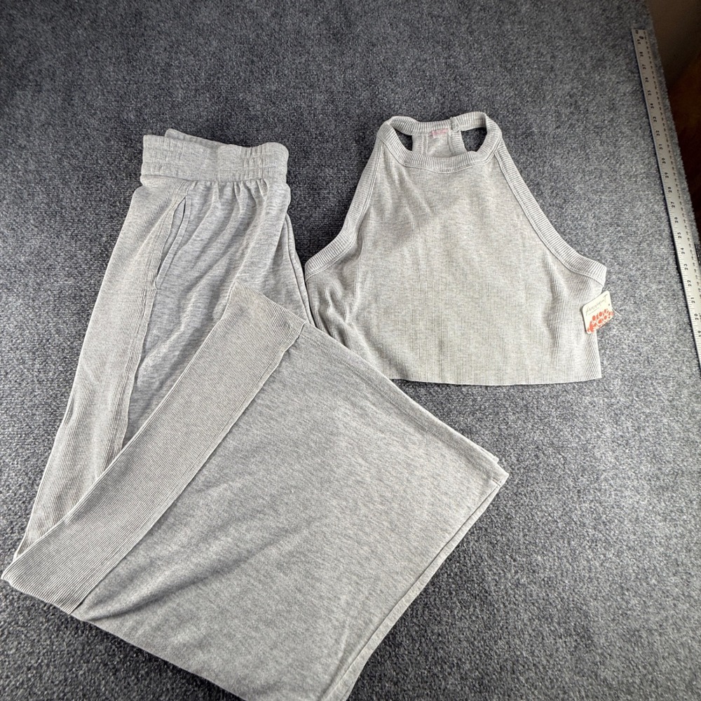FP Movement Free People Ribbed Two Piece Set Heather Gray Halter Wide Leg XL